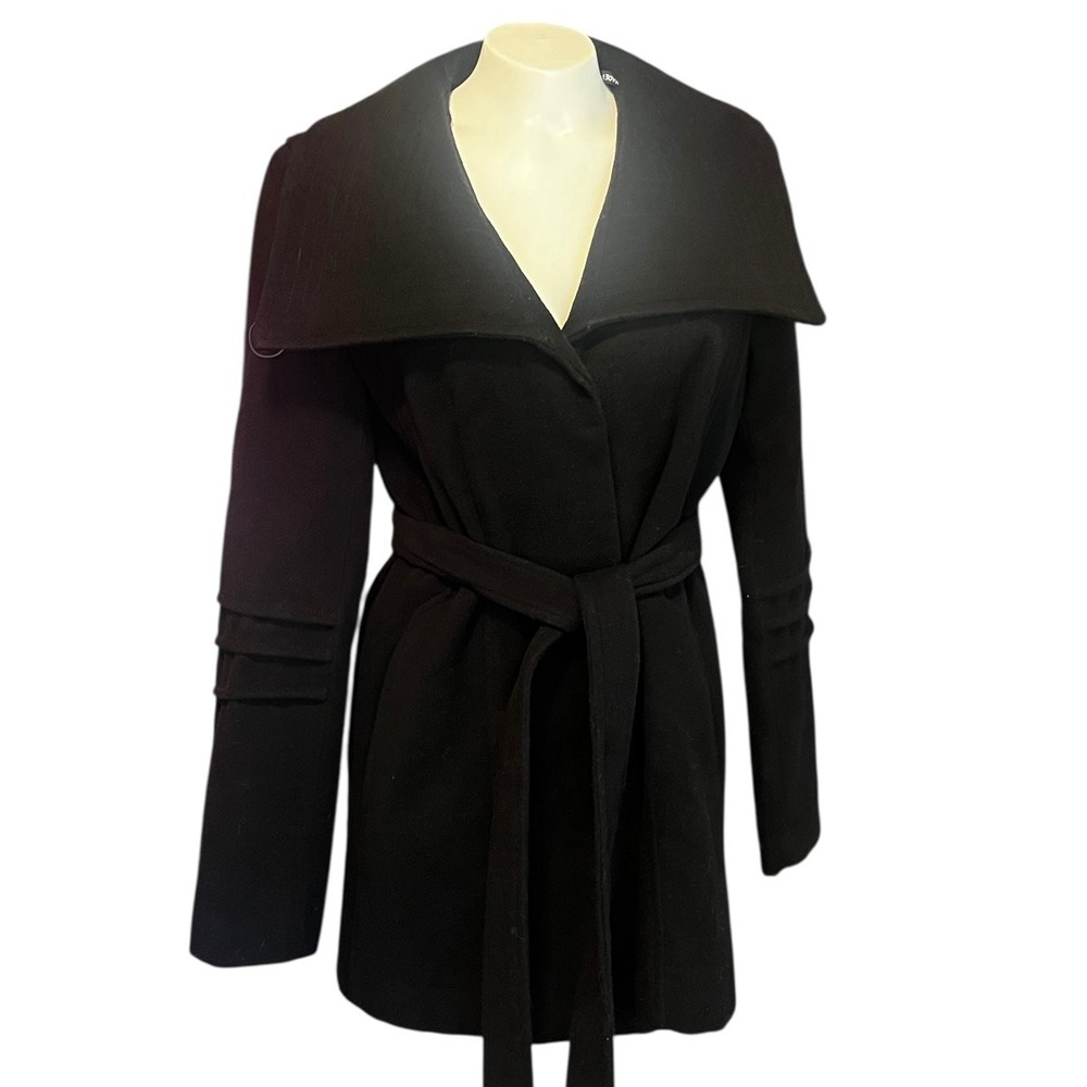 Hale Bob Black‎ Wool Blend Wrap Coat Shawl Collar Belted Midi Size M